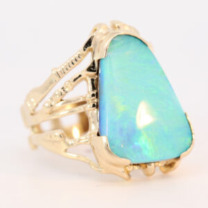 Yellow Gold Blue Green Yellow Boulder Opal Ring