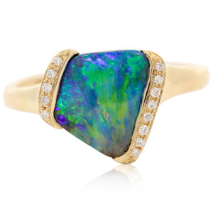 Yellow Gold Blue Green Yellow Orange Boulder Opal and Diamond Ring