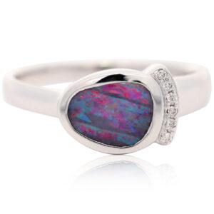 White Gold Blue Green Red Purple Boulder Opal and Diamond Ring