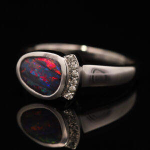 White Gold Blue Green Red Purple Boulder Opal and Diamond Ring