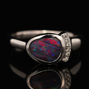White Gold Blue Green Red Purple Boulder Opal and Diamond Ring