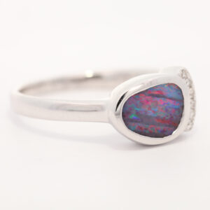 White Gold Blue Green Red Purple Boulder Opal and Diamond Ring