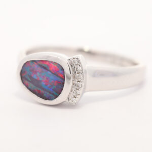 White Gold Blue Green Red Purple Boulder Opal and Diamond Ring