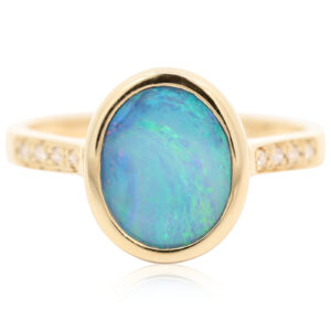 Yellow Gold Blue Green Boulder Opal and Diamond Ring
