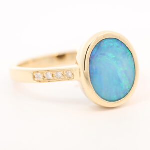 Yellow Gold Blue Green Boulder Opal and Diamond Ring