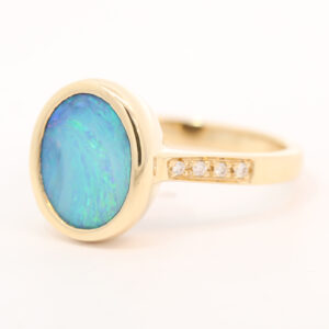 Yellow Gold Blue Green Boulder Opal and Diamond Ring