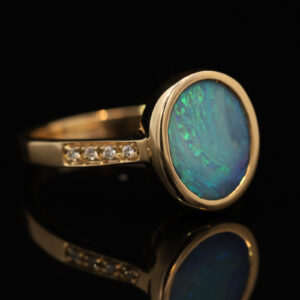 Yellow Gold Blue Green Boulder Opal and Diamond Ring