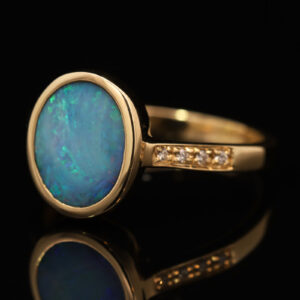 Yellow Gold Blue Green Boulder Opal and Diamond Ring