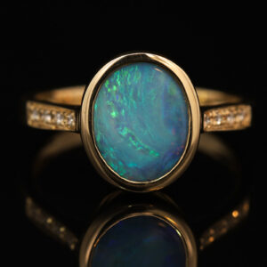 Yellow Gold Blue Green Boulder Opal and Diamond Ring