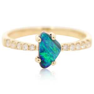 Yellow Gold Blue Green Boulder Opal and Diamond Ring