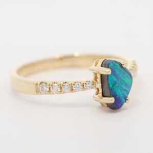 Yellow Gold Blue Green Boulder Opal and Diamond Ring