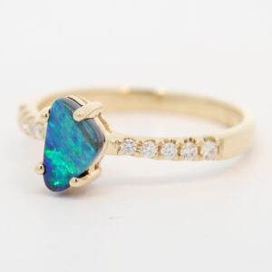 Yellow Gold Blue Green Boulder Opal and Diamond Ring