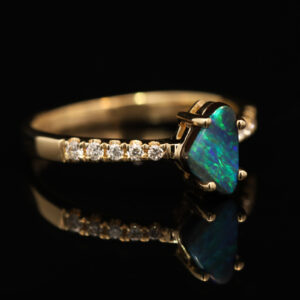 Yellow Gold Blue Green Boulder Opal and Diamond Ring