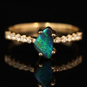 Yellow Gold Blue Green Boulder Opal and Diamond Ring
