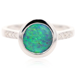 White Gold Blue Green Black Opal and Diamond Ring