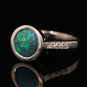 White Gold Blue Green Black Opal and Diamond Ring