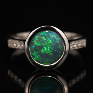 White Gold Blue Green Black Opal and Diamond Ring