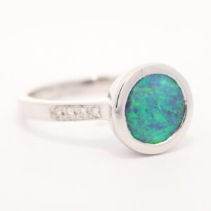 White Gold Blue Green Black Opal and Diamond Ring