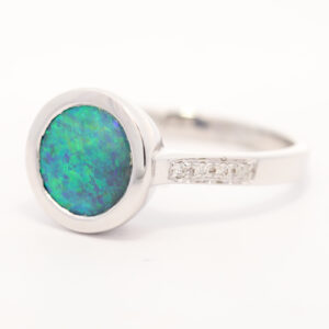 White Gold Blue Green Black Opal and Diamond Ring