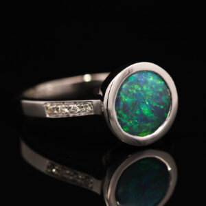 White Gold Blue Green Black Opal and Diamond Ring