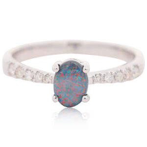 White Gold Blue Green Orange Red Black Opal and Diamond Ring