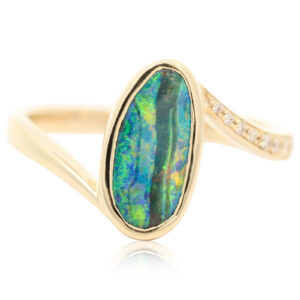 Yellow Gold Blue Green Yellow Orange Red Boulder Opal and Diamond Ring