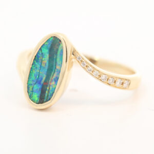 Yellow Gold Blue Green Yellow Orange Red Boulder Opal and Diamond Ring