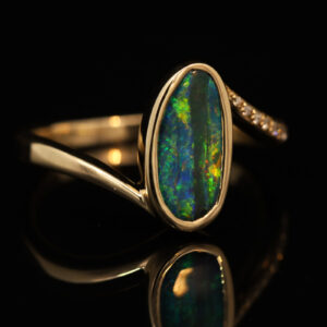Yellow Gold Blue Green Yellow Orange Red Boulder Opal and Diamond Ring