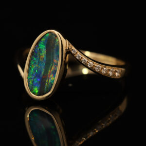 Yellow Gold Blue Green Yellow Orange Red Boulder Opal and Diamond Ring