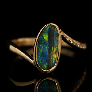 Yellow Gold Blue Green Yellow Orange Red Boulder Opal and Diamond Ring
