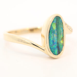 Yellow Gold Blue Green Yellow Orange Red Boulder Opal and Diamond Ring