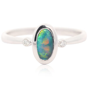 White Gold Blue Green Yellow Orange Black Opal and Diamond Ring