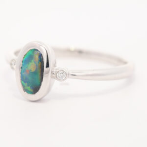 White Gold Blue Green Yellow Orange Black Opal and Diamond Ring