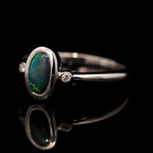 White Gold Blue Green Yellow Orange Black Opal and Diamond Ring