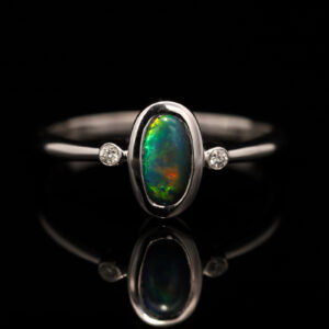 White Gold Blue Green Yellow Orange Black Opal and Diamond Ring