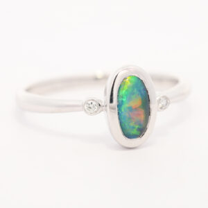 White Gold Blue Green Yellow Orange Black Opal and Diamond Ring