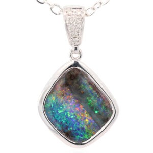 White Gold Blue Green Yellow Orange Red Boulder Opal and Diamond Pendant