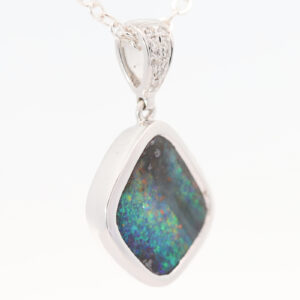 White Gold Blue Green Yellow Orange Red Boulder Opal and Diamond Pendant