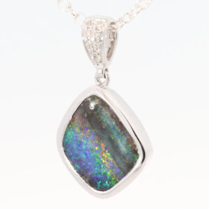 White Gold Blue Green Yellow Orange Red Boulder Opal and Diamond Pendant