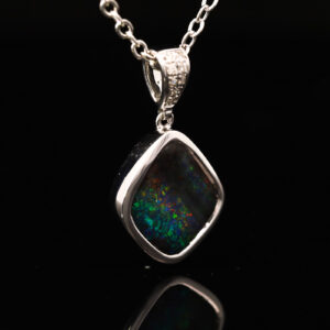 White Gold Blue Green Yellow Orange Red Boulder Opal and Diamond Pendant