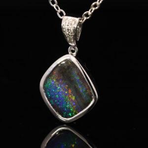 White Gold Blue Green Yellow Orange Red Boulder Opal and Diamond Pendant