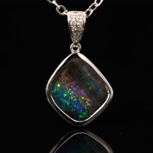 White Gold Blue Green Yellow Orange Red Boulder Opal and Diamond Pendant