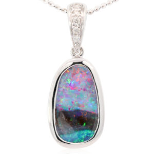 White Gold Blue Green Purple Red Boulder Opal and Diamond Pendant