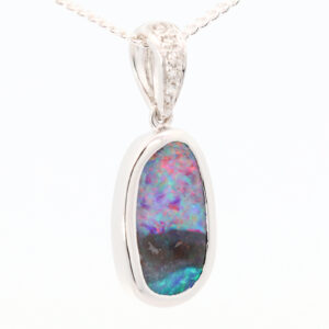 White Gold Blue Green Purple Red Boulder Opal and Diamond Pendant