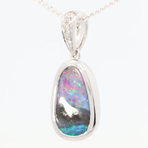 White Gold Blue Green Purple Red Boulder Opal and Diamond Pendant