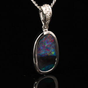 White Gold Blue Green Purple Red Boulder Opal and Diamond Pendant