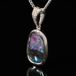 White Gold Blue Green Purple Red Boulder Opal and Diamond Pendant