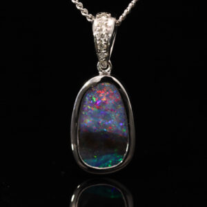 White Gold Blue Green Purple Red Boulder Opal and Diamond Pendant