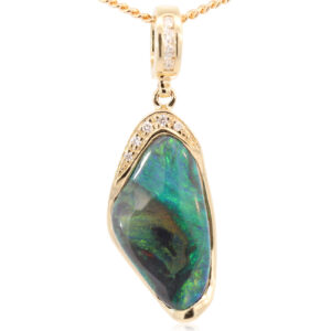 Yellow Gold Blue Green Black Opal and Diamond Pendant