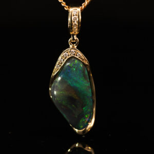 Yellow Gold Blue Green Black Opal and Diamond Pendant